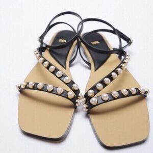 ZARA PEARL STUDDED + STRAPPY FLAT SANDALS US 6